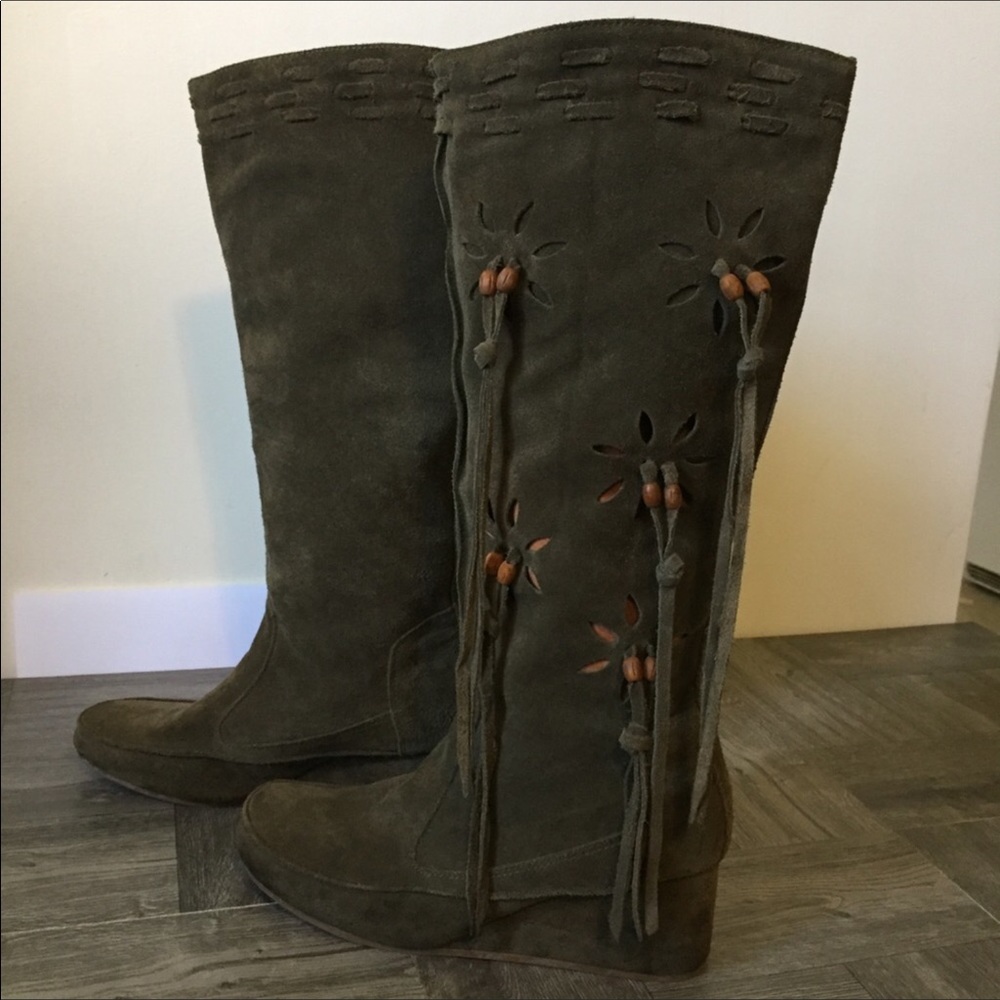 Chocolat Blu suede moss green fringe tall boots